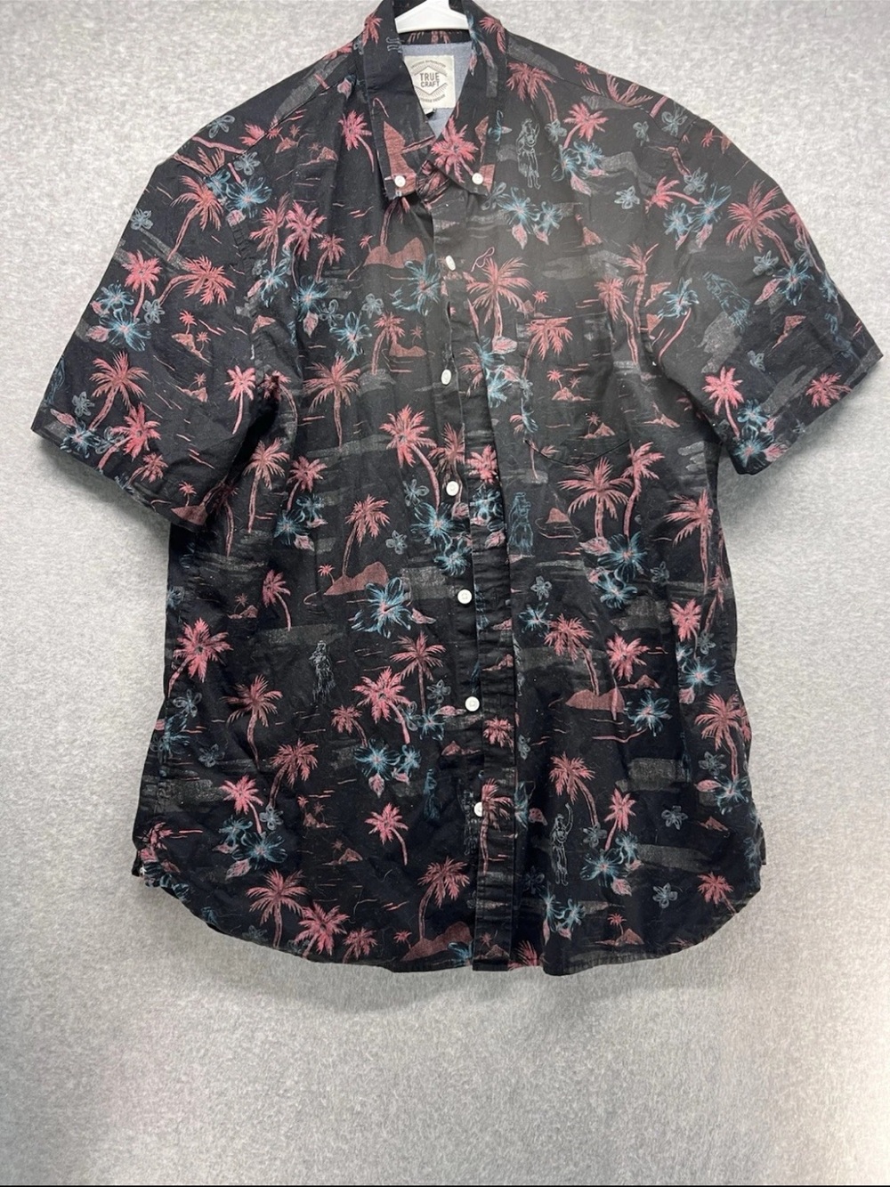 True Craft Black Tropical Palm Short Sleeve Button-Down Shirt